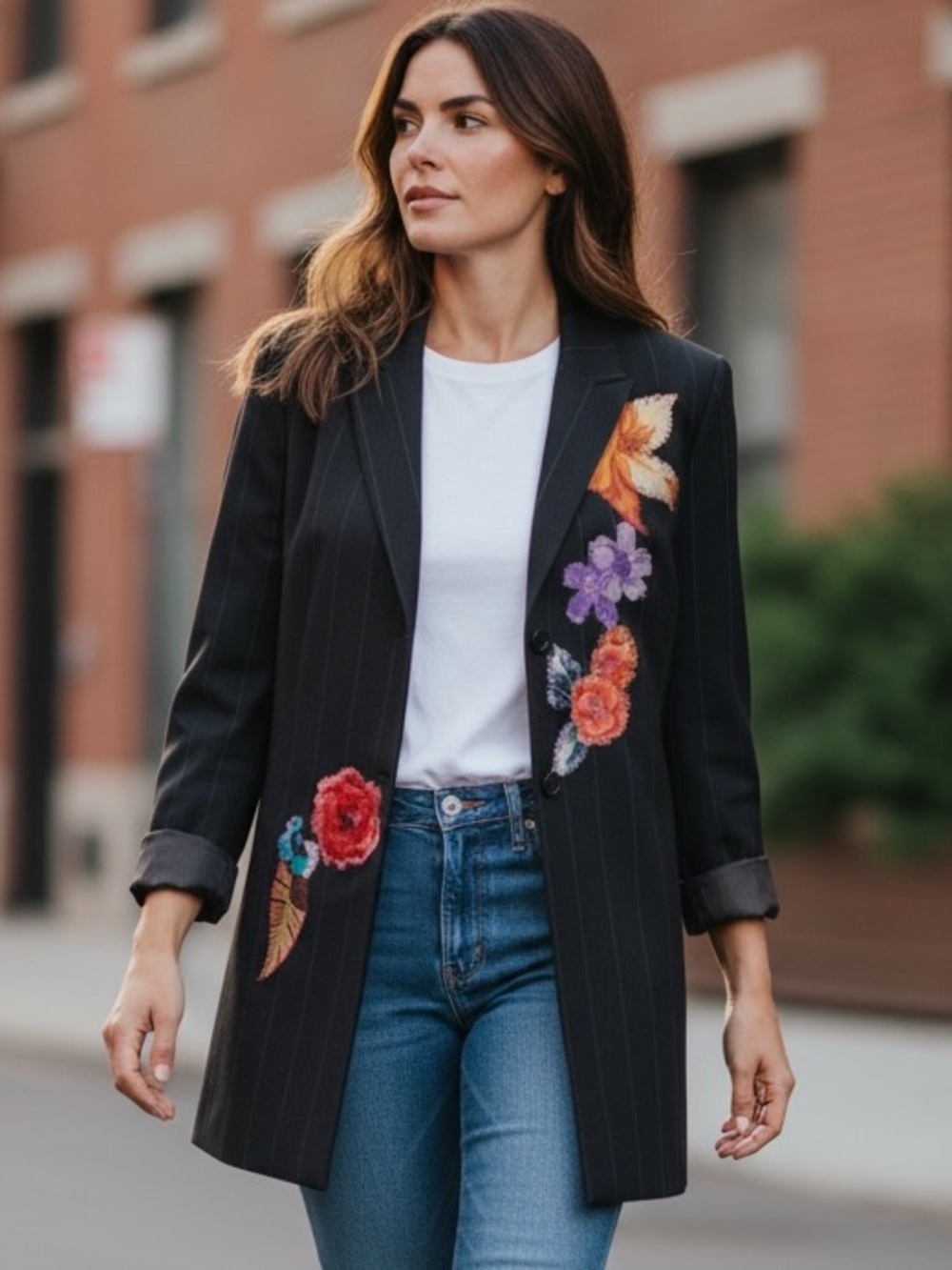 Harve Bernard VTG Navy Pinstriped Long Blazer with Floral Appliqués SZ 18 EUC